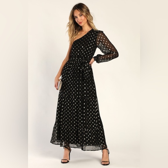 LULUS Size Medium Radiant Black & Gold Clip Dot One Shoulder Formal Maxi Dress - Picture 1 of 6